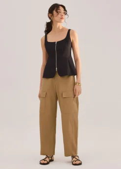 Lyocell Front Zipper Square Neck Fitted Long Top