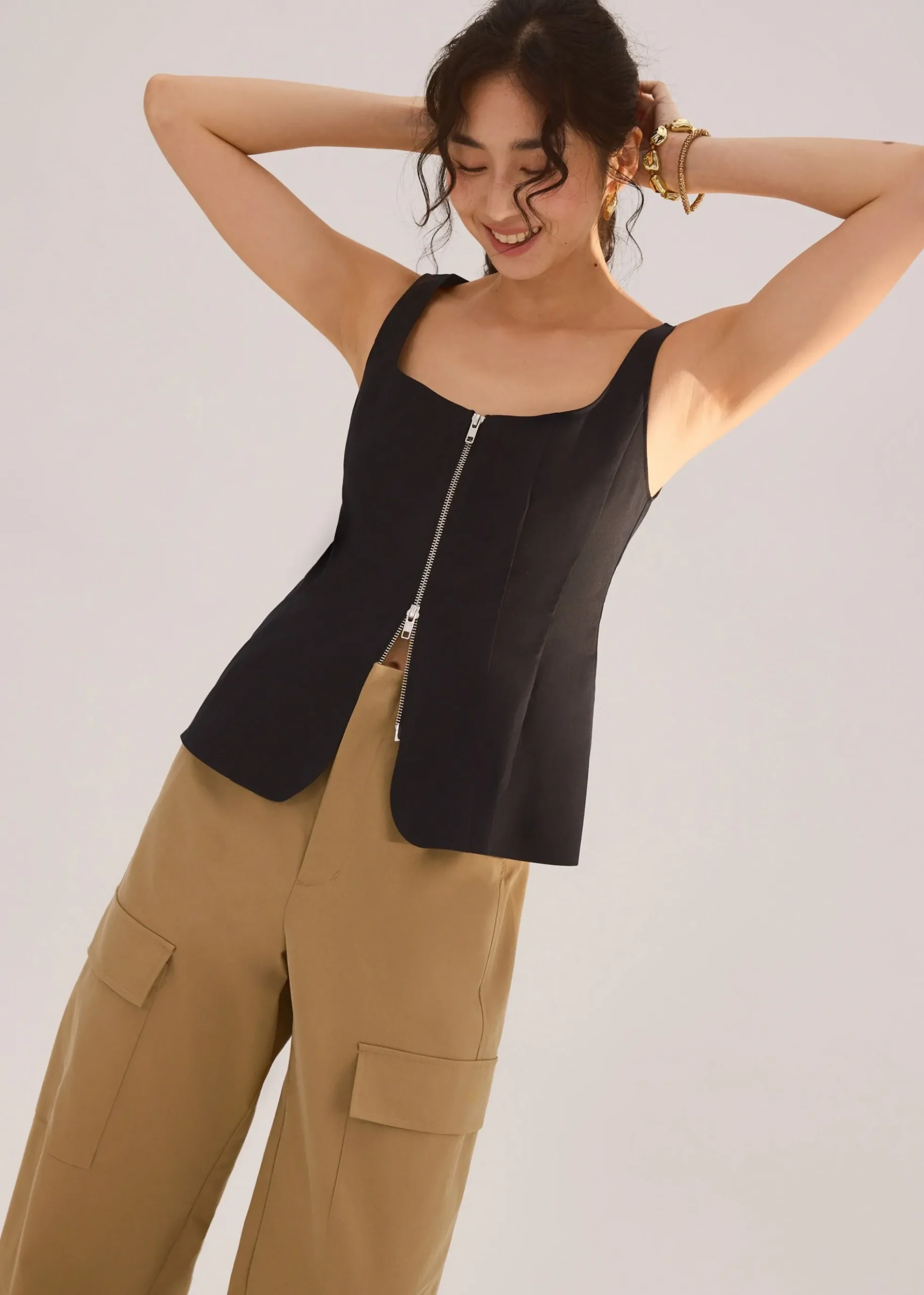 Lyocell Front Zipper Square Neck Fitted Long Top