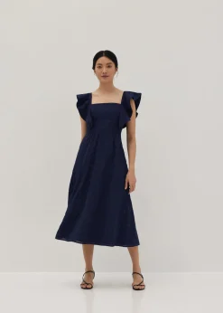 Mae Padded Embroidered Ruffle Sleeve Dress