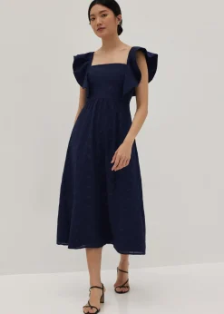 Mae Padded Embroidered Ruffle Sleeve Dress