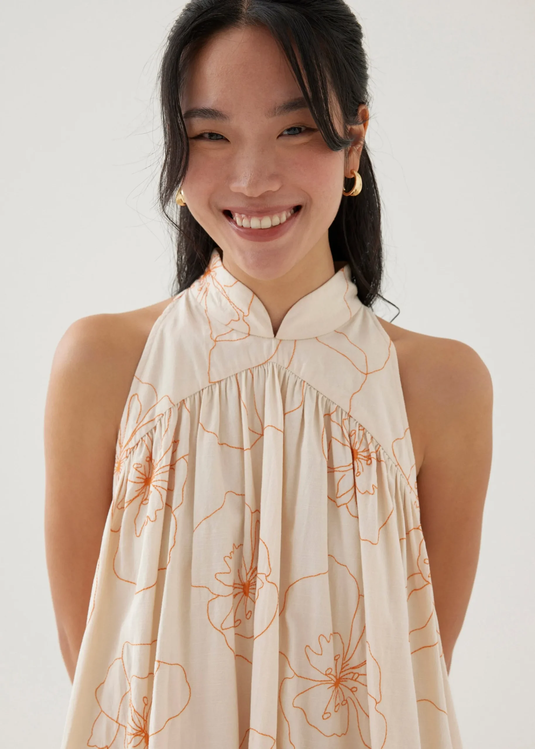 Martina Embroidered Mandarin Collar Mini Dress in Rekindled Blooms