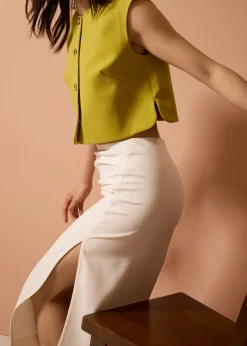 Mei Elastic High Slit Column Midi Skirt
