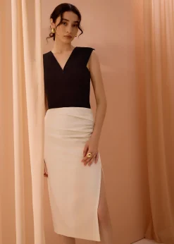 Mei Elastic High Slit Column Midi Skirt