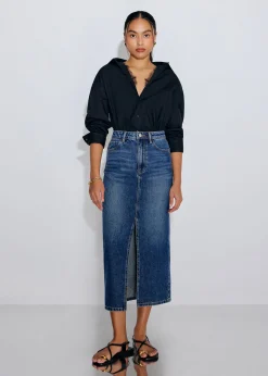 Minsi Denim Front Slit Column Midi Skirt