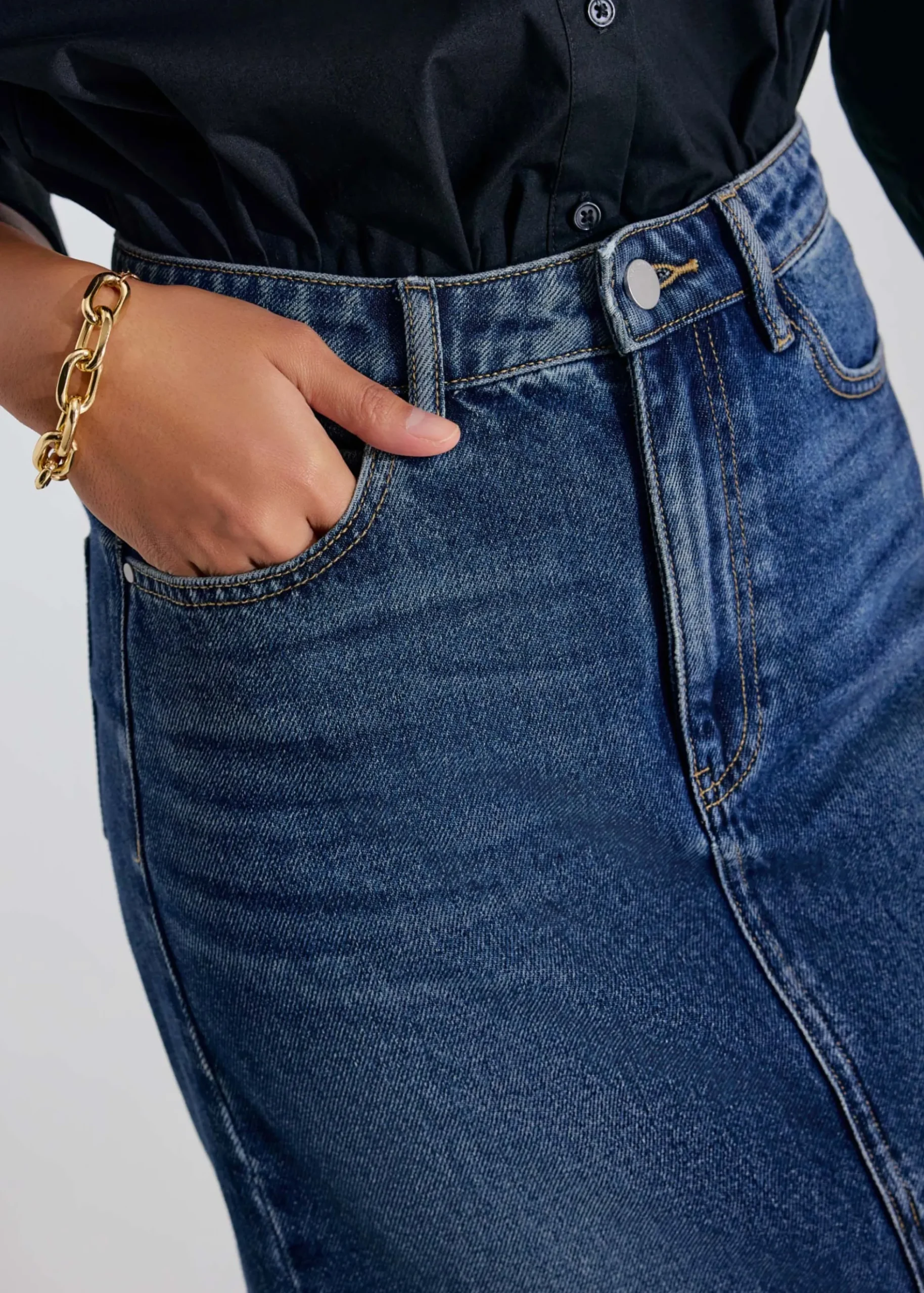 Minsi Denim Front Slit Column Midi Skirt