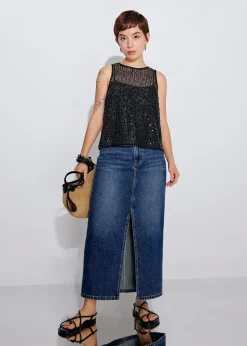 Minsi Denim Front Slit Column Midi Skirt