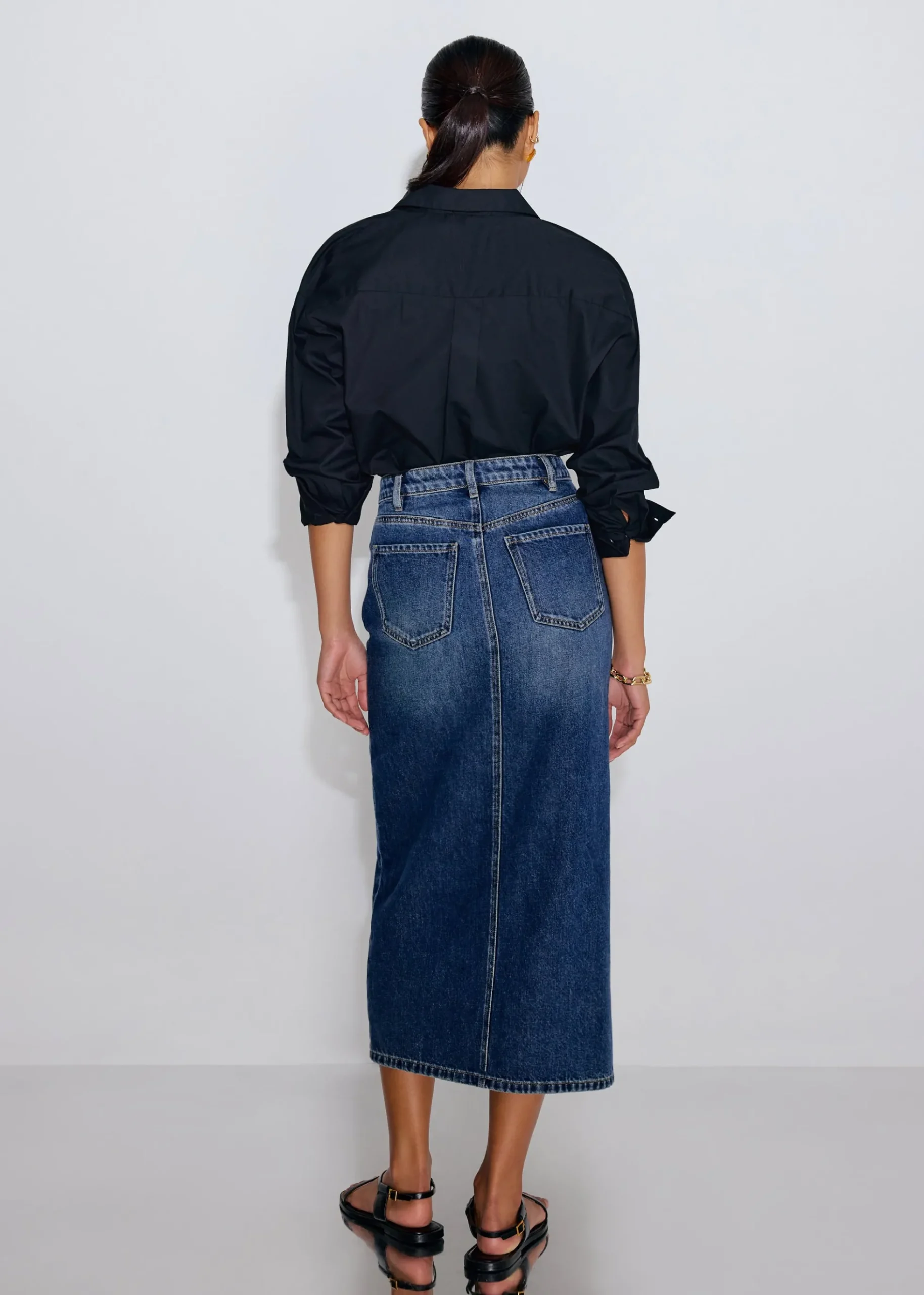 Minsi Denim Front Slit Column Midi Skirt
