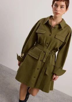 Oversized Cotton Twill Button Down Utility Shirt Dress