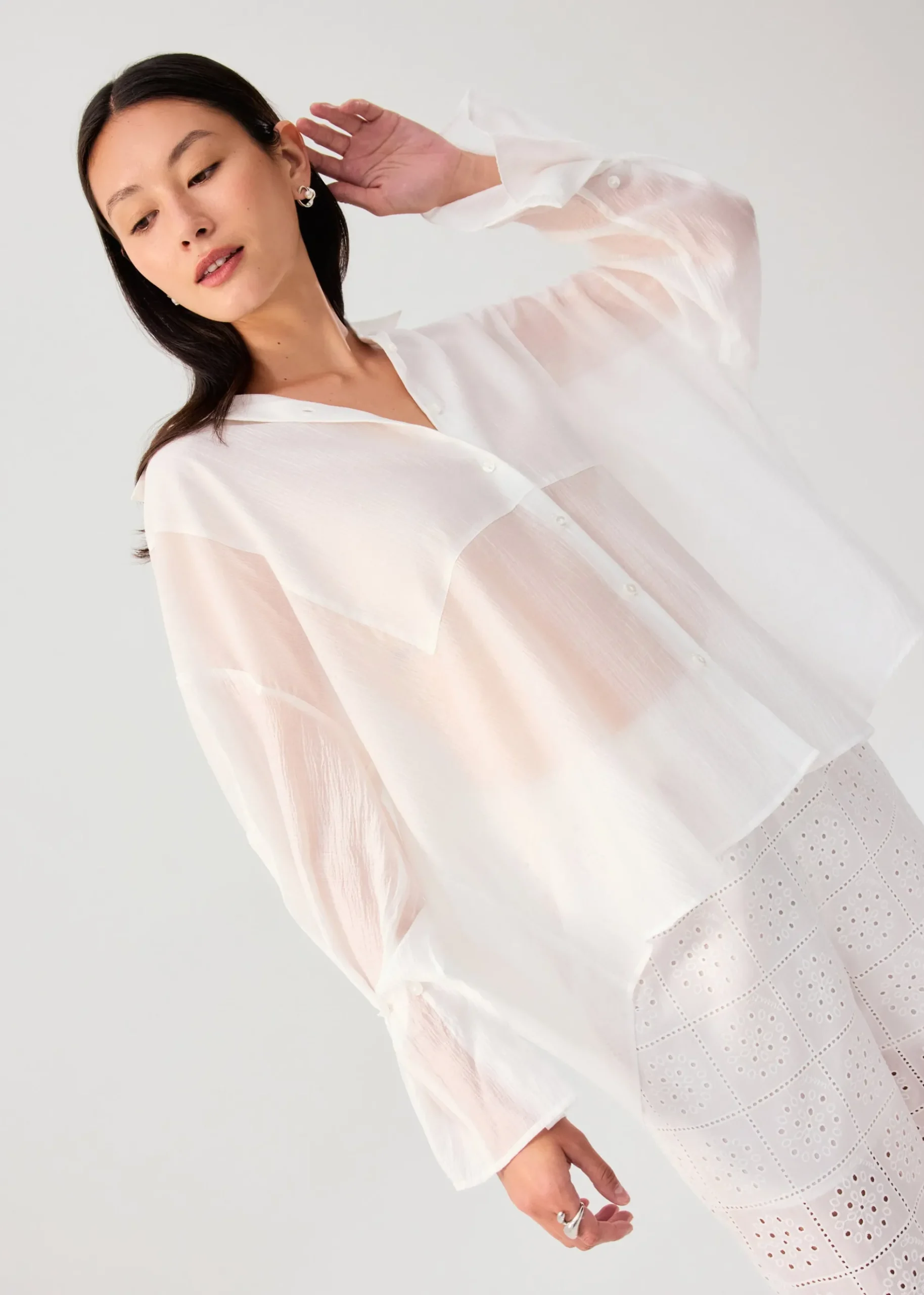 Oversized Sheer Lyocell Collared Poet Sleeve Blouse