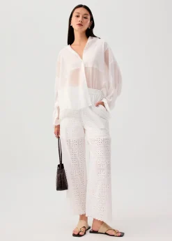 Oversized Sheer Lyocell Collared Poet Sleeve Blouse