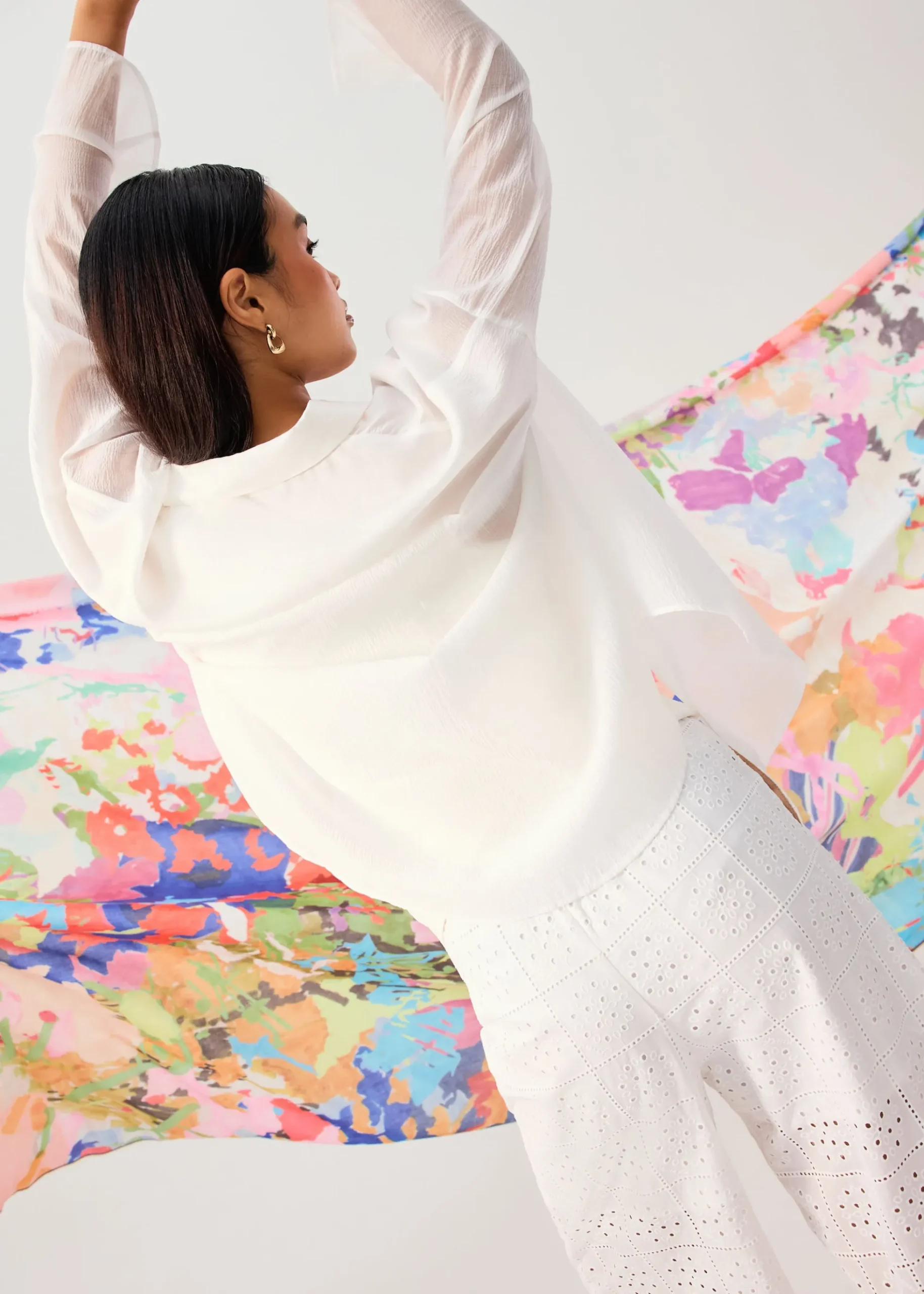 Oversized Sheer Lyocell Collared Poet Sleeve Blouse