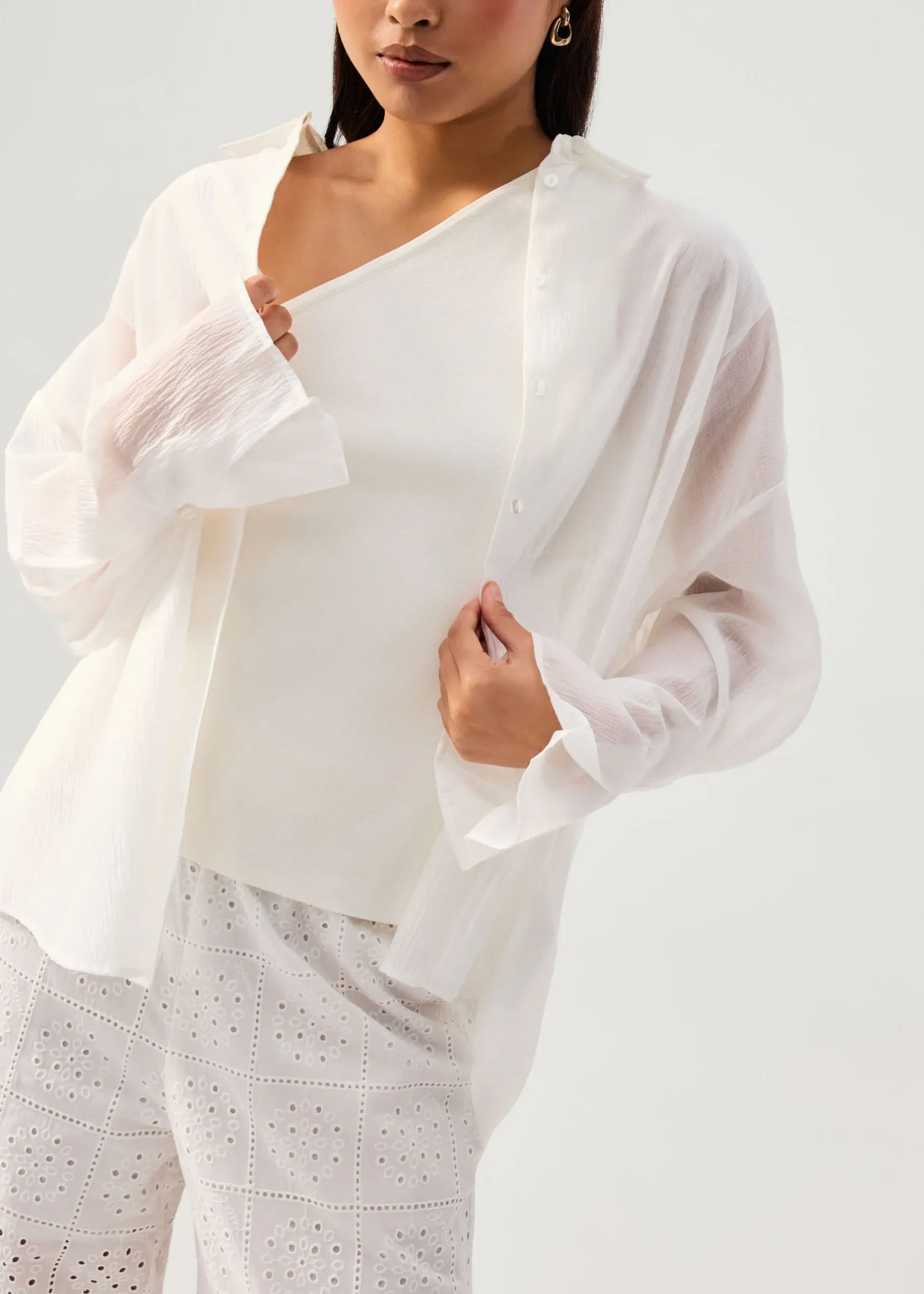 Oversized Sheer Lyocell Collared Poet Sleeve Blouse