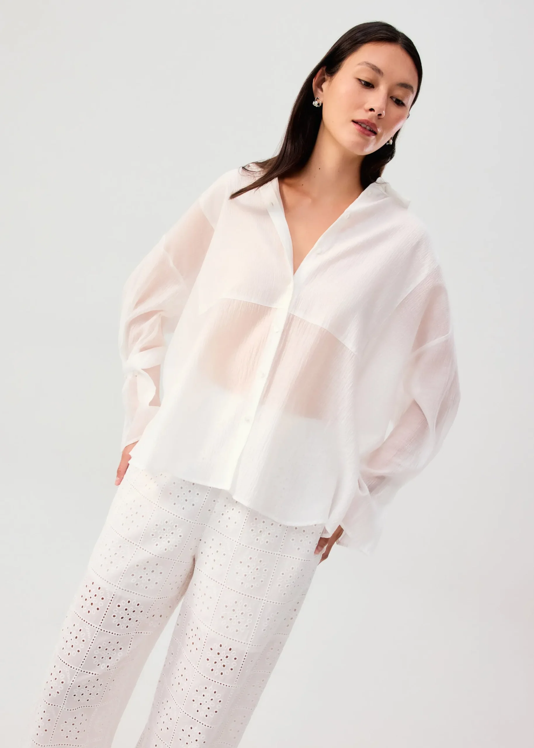 Oversized Sheer Lyocell Collared Poet Sleeve Blouse