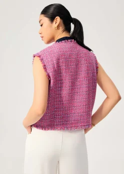 Oversized Tweed Frayed Hem Round Neck Vest