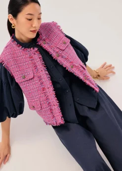 Oversized Tweed Frayed Hem Round Neck Vest