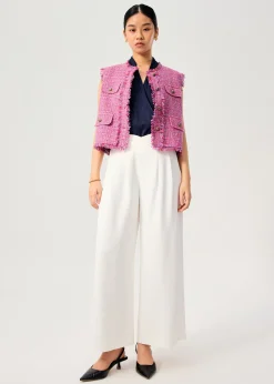 Oversized Tweed Frayed Hem Round Neck Vest