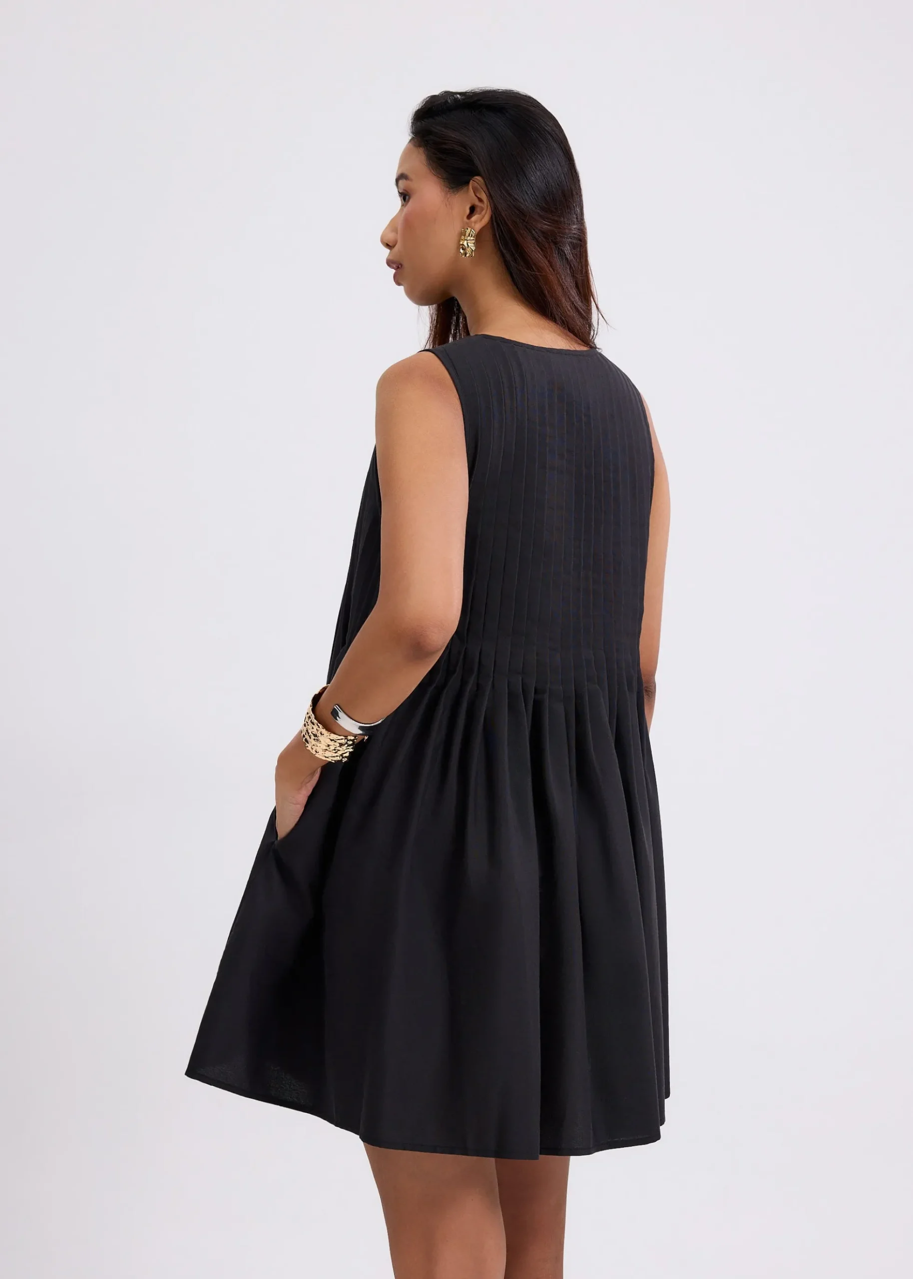 Oxford Pintuck Notched Trapeze Mini Dress