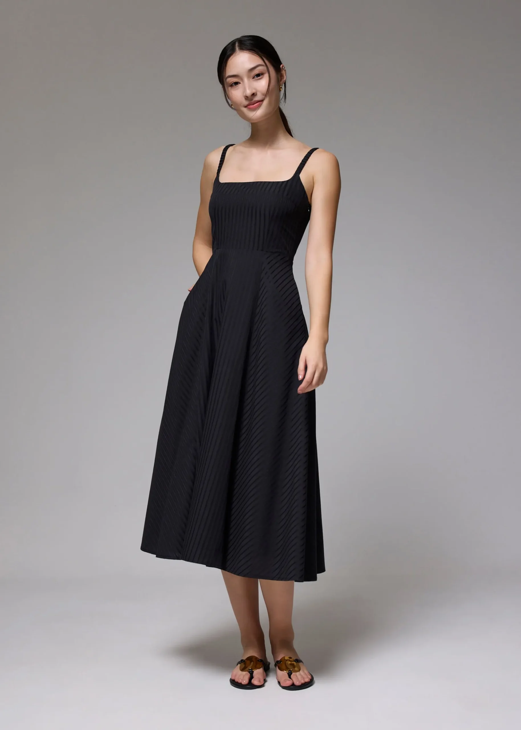 Padded Striped Fit & Flare Midaxi Dress