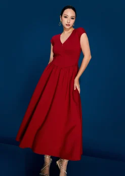 Panelled Mixed Fabric V-Neck Fit & Flare Midaxi Dress