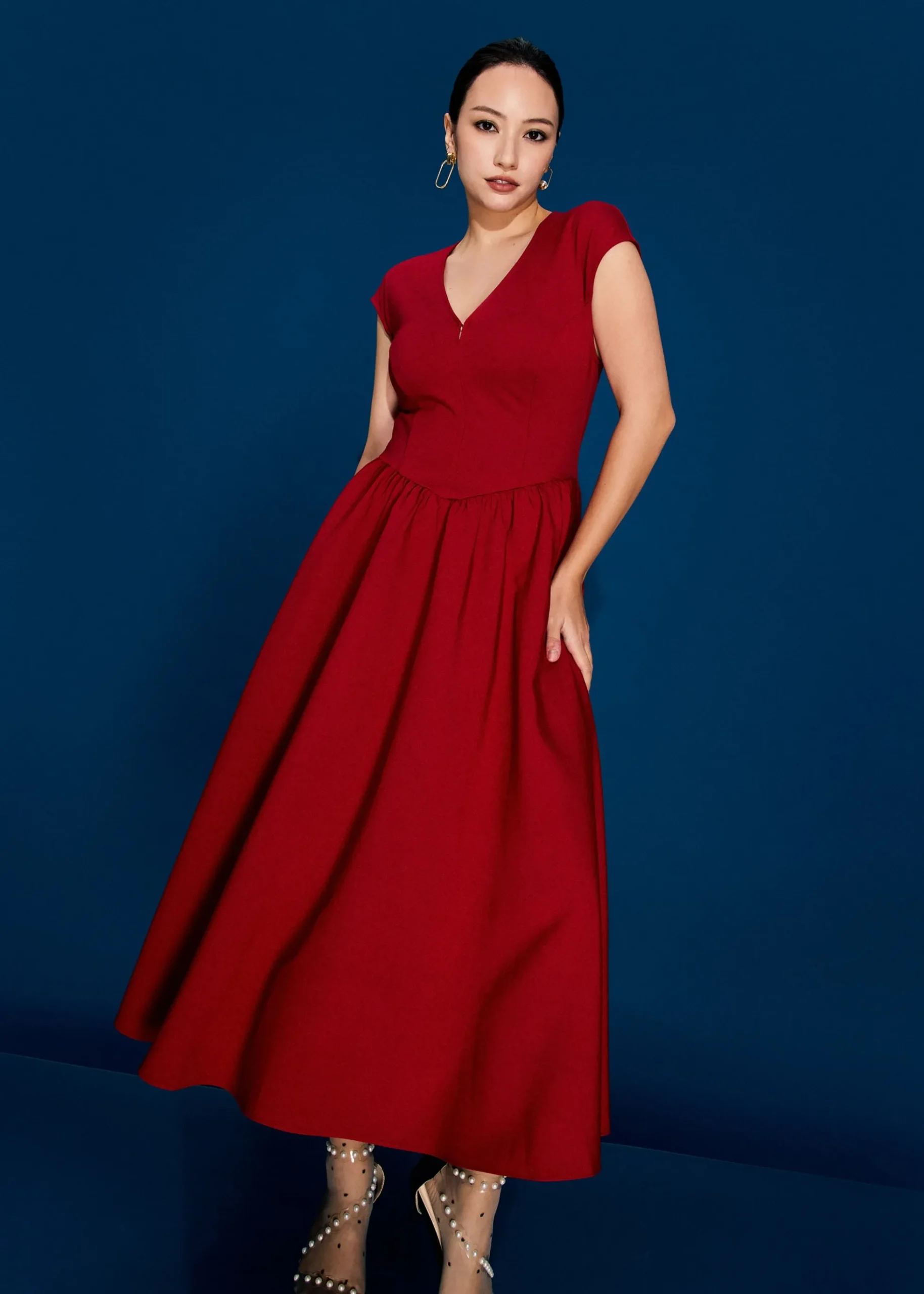 Panelled Mixed Fabric V-Neck Fit & Flare Midaxi Dress