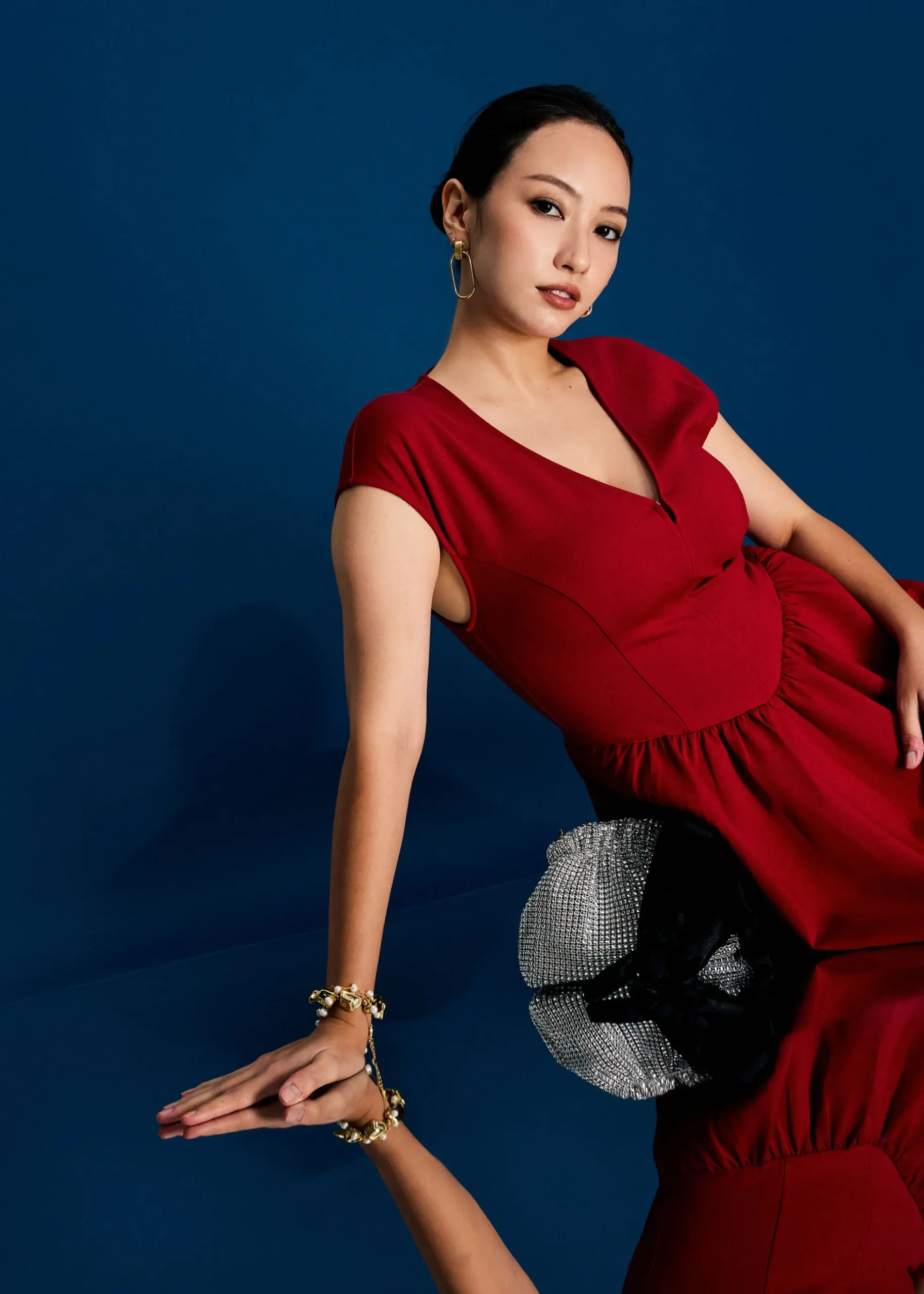Panelled Mixed Fabric V-Neck Fit & Flare Midaxi Dress