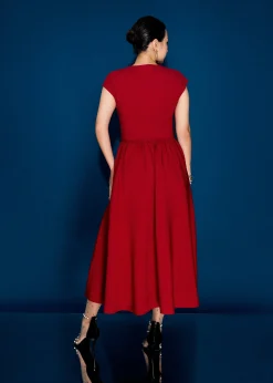 Panelled Mixed Fabric V-Neck Fit & Flare Midaxi Dress