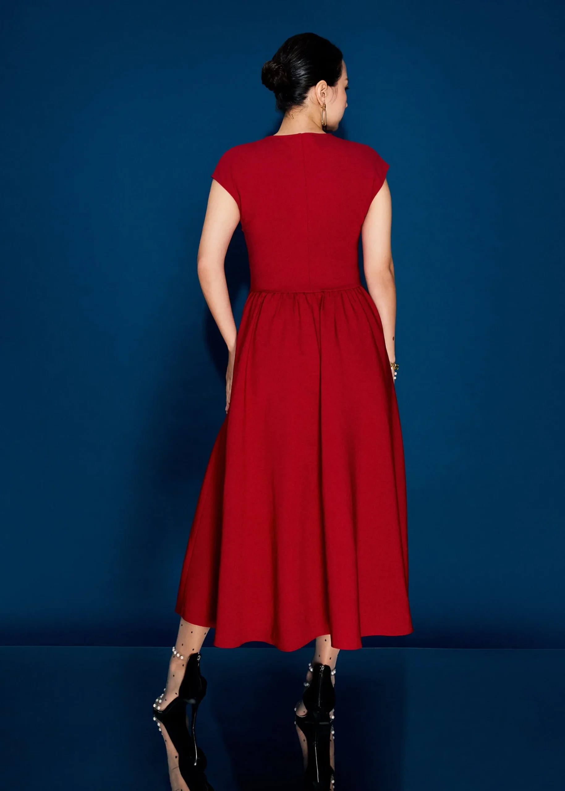 Panelled Mixed Fabric V-Neck Fit & Flare Midaxi Dress