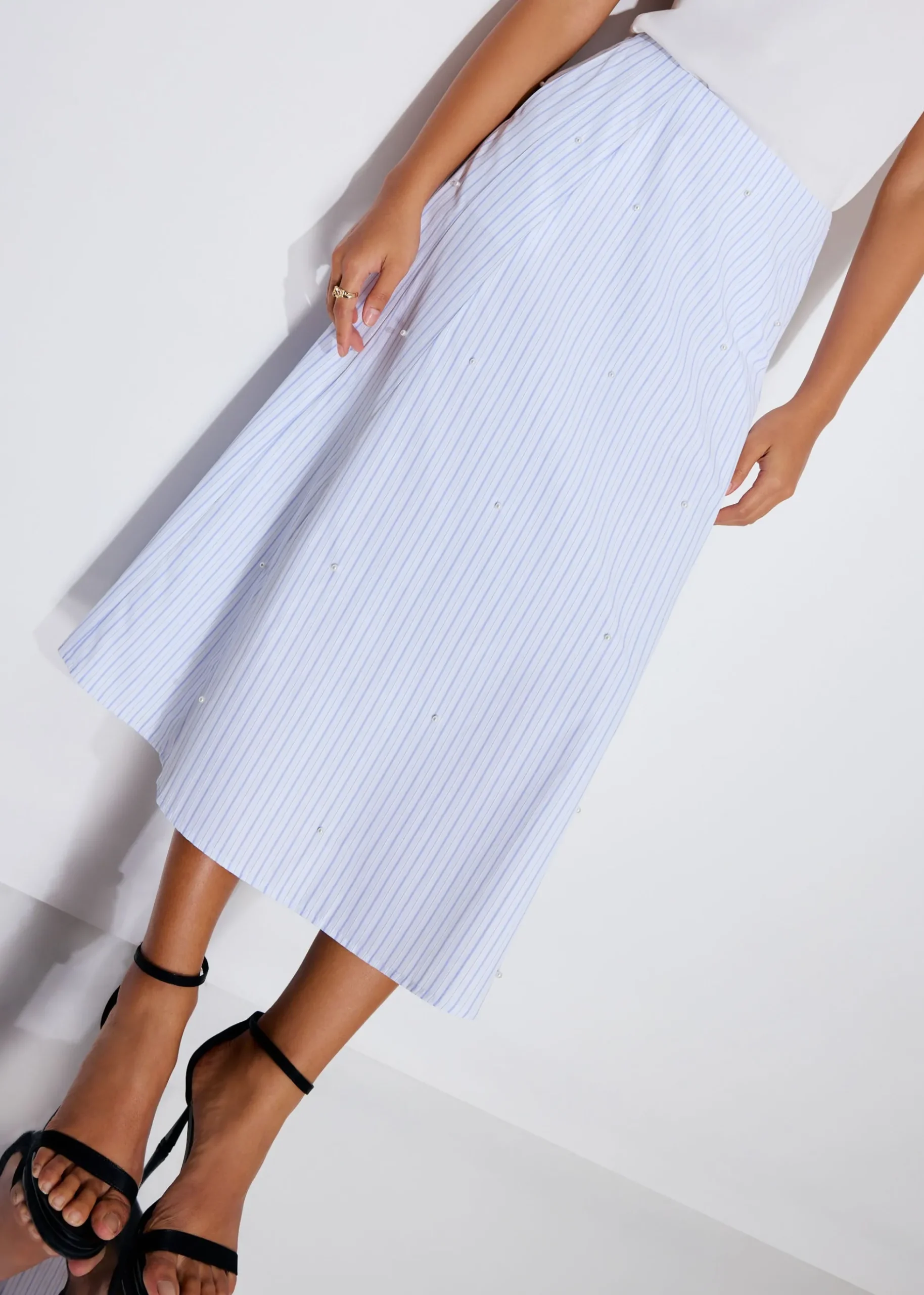 Pearl Embellished Pinstripe Flare Midaxi Skirt