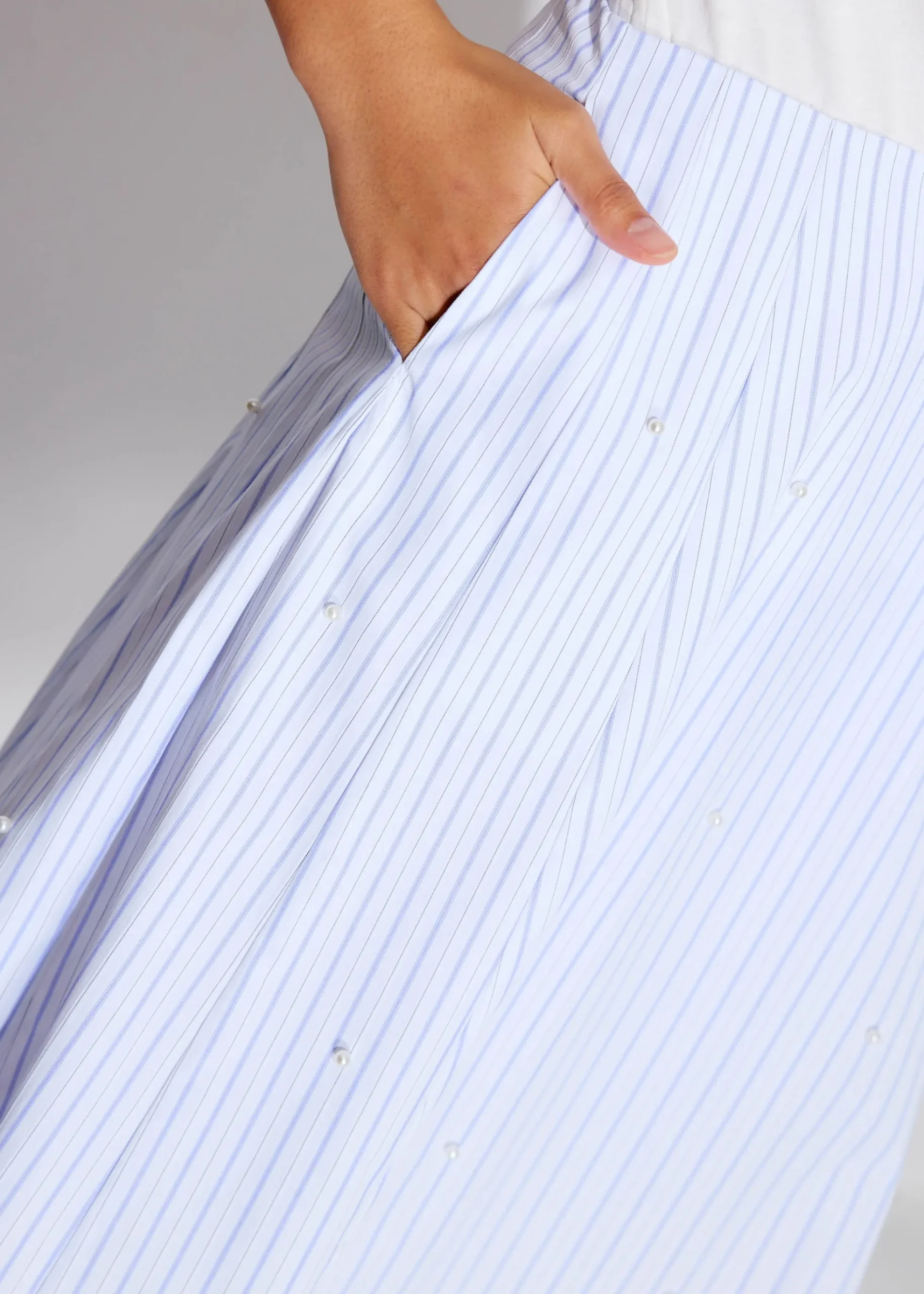 Pearl Embellished Pinstripe Flare Midaxi Skirt