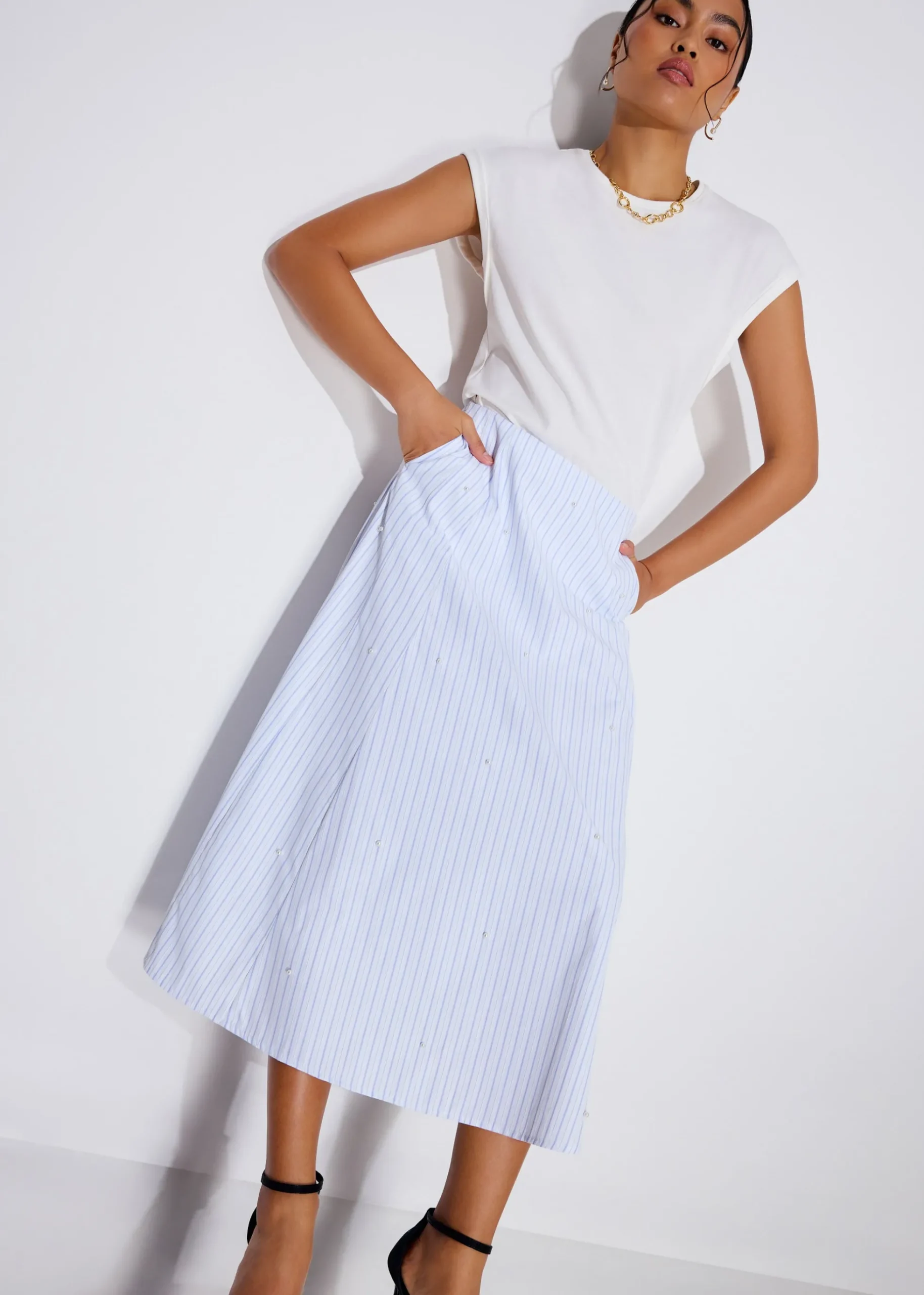 Pearl Embellished Pinstripe Flare Midaxi Skirt
