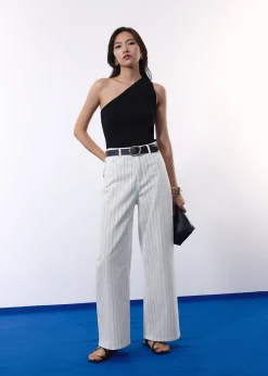 Pinstripe Cotton Twill 5-Pocket High Rise Straight Leg Pants