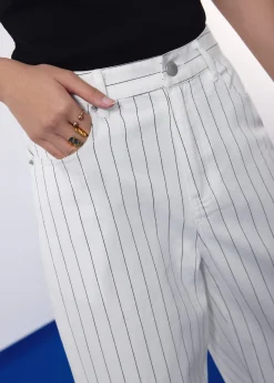 Pinstripe Cotton Twill 5-Pocket High Rise Straight Leg Pants