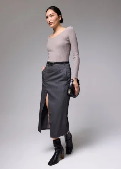 Pinstripe Front Slit Column Midi Skirt