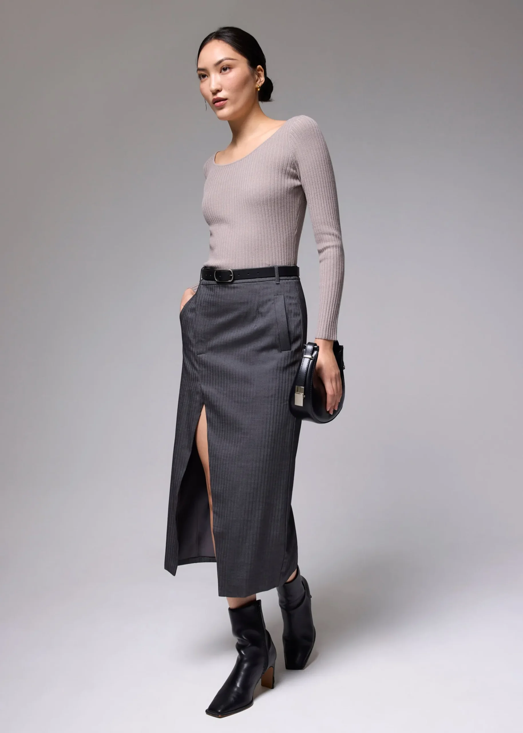 Pinstripe Front Slit Column Midi Skirt