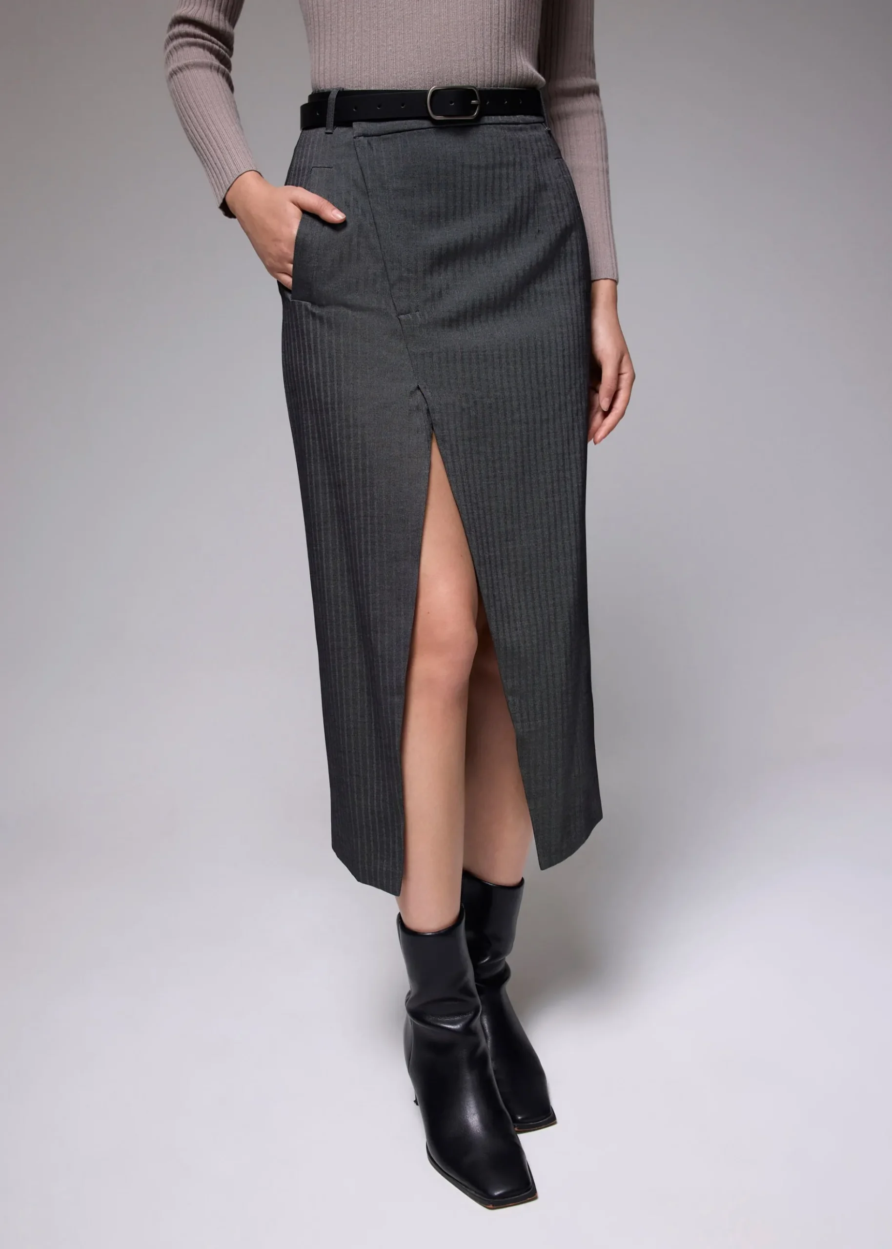 Pinstripe Front Slit Column Midi Skirt