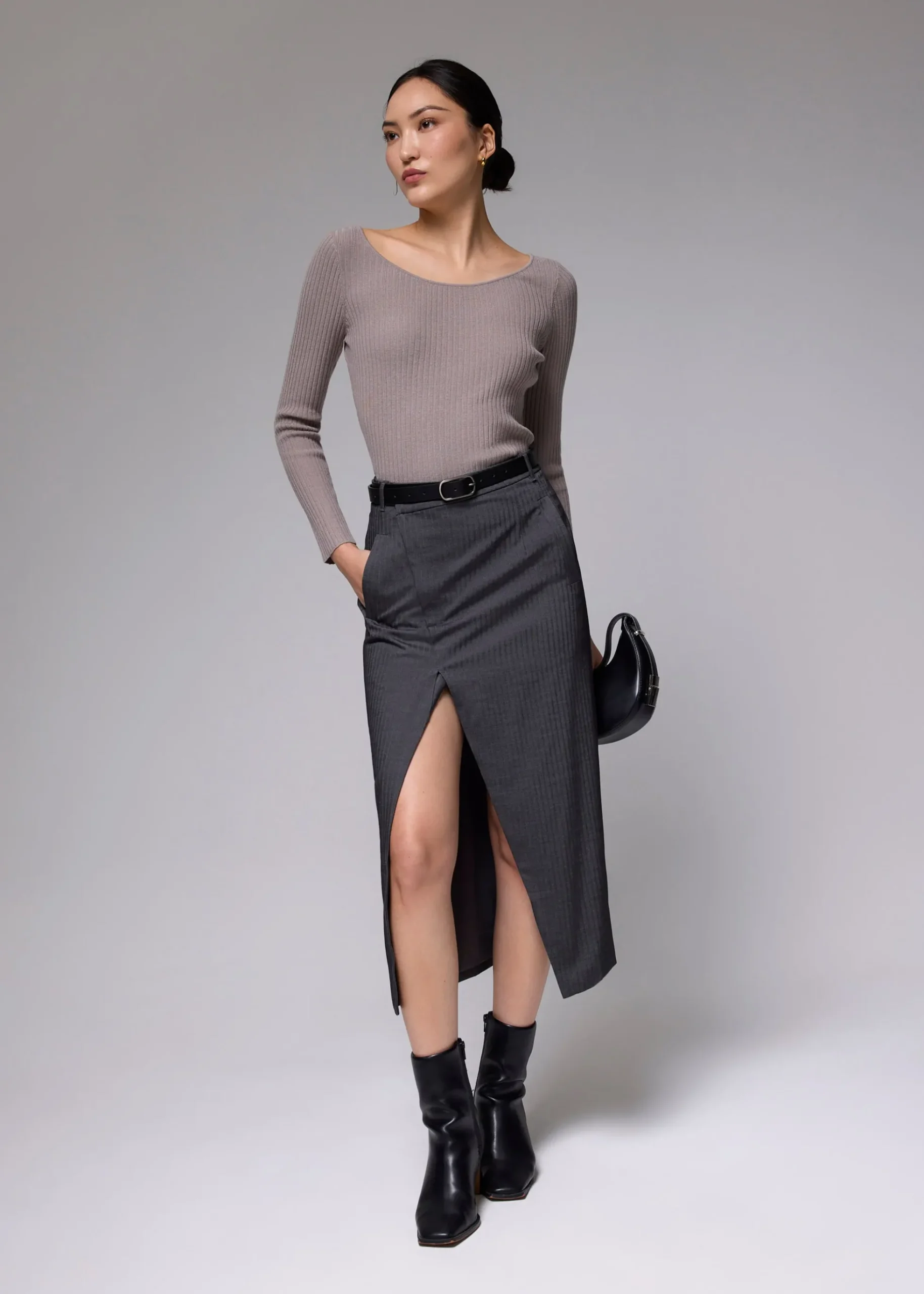 Pinstripe Front Slit Column Midi Skirt