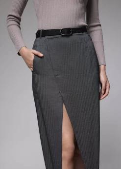 Pinstripe Front Slit Column Midi Skirt