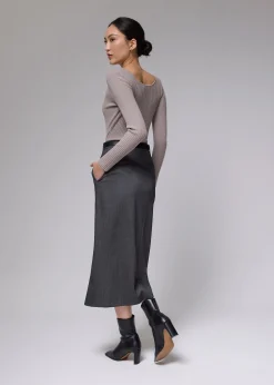 Pinstripe Front Slit Column Midi Skirt