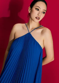 Pleated Halter Trapeze Maxi Dress