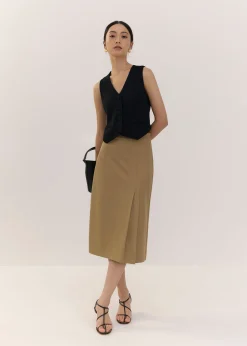 Pleated High Waist Column Midi Skirt