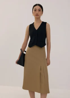 Pleated High Waist Column Midi Skirt
