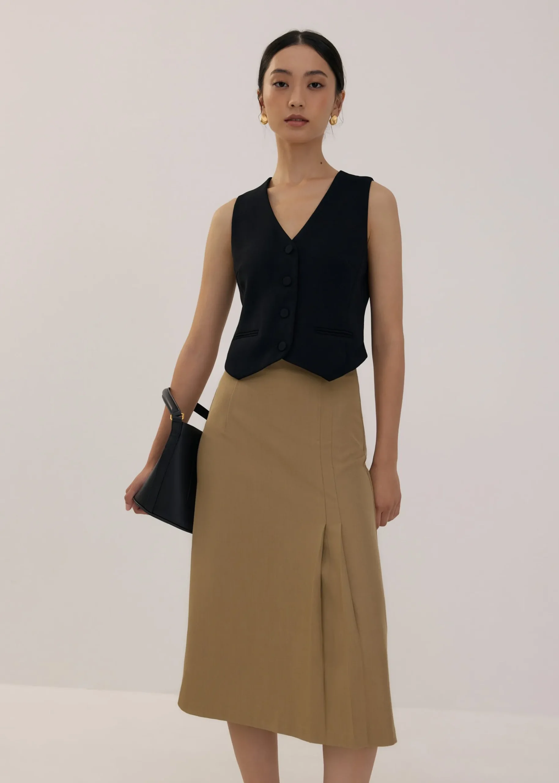 Pleated High Waist Column Midi Skirt