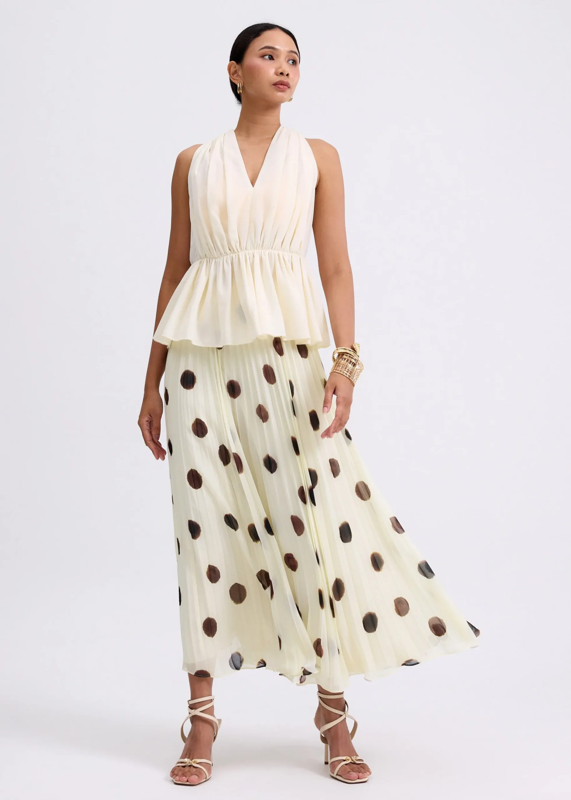 Plisse High Waist Flare Midaxi Skirt in Brushed Dots