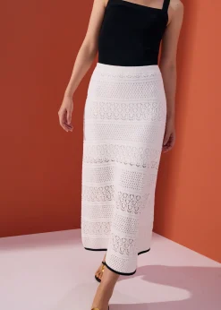 Pointelle Contrast Knit High Waist Column Midaxi Skirt