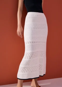 Pointelle Contrast Knit High Waist Column Midaxi Skirt