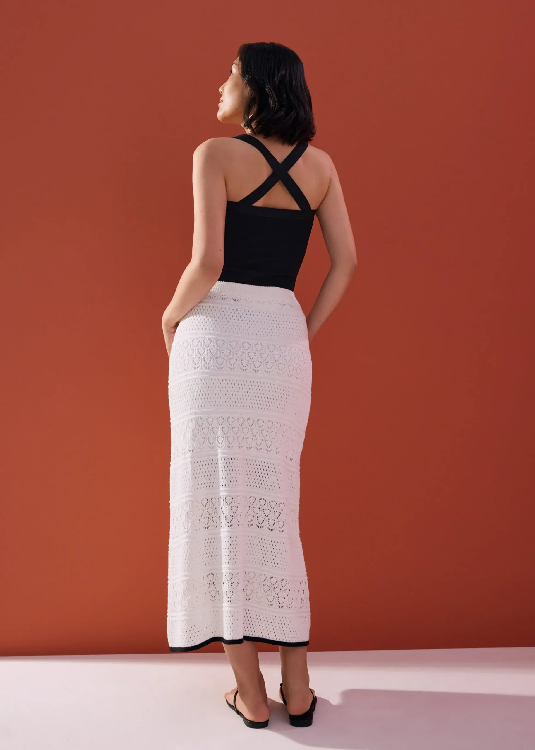 Pointelle Contrast Knit High Waist Column Midaxi Skirt