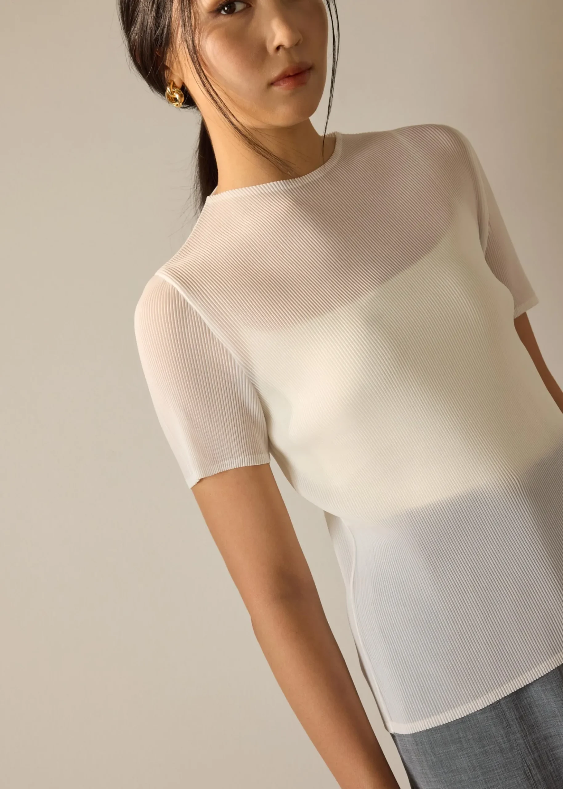 Praveena Plisse Mock Neck Fitted Top