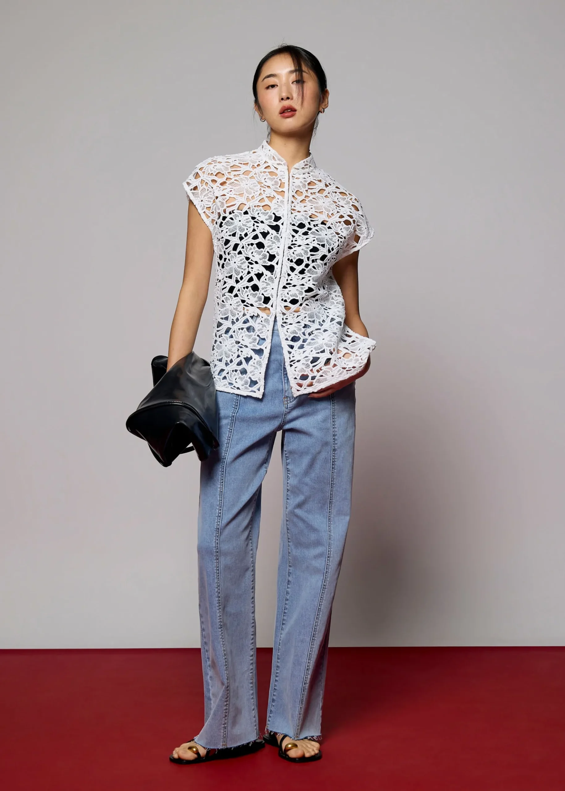 Relaxed Lace Mandarin Collar Top