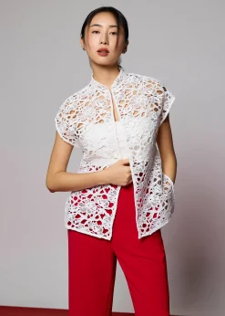 Relaxed Lace Mandarin Collar Top