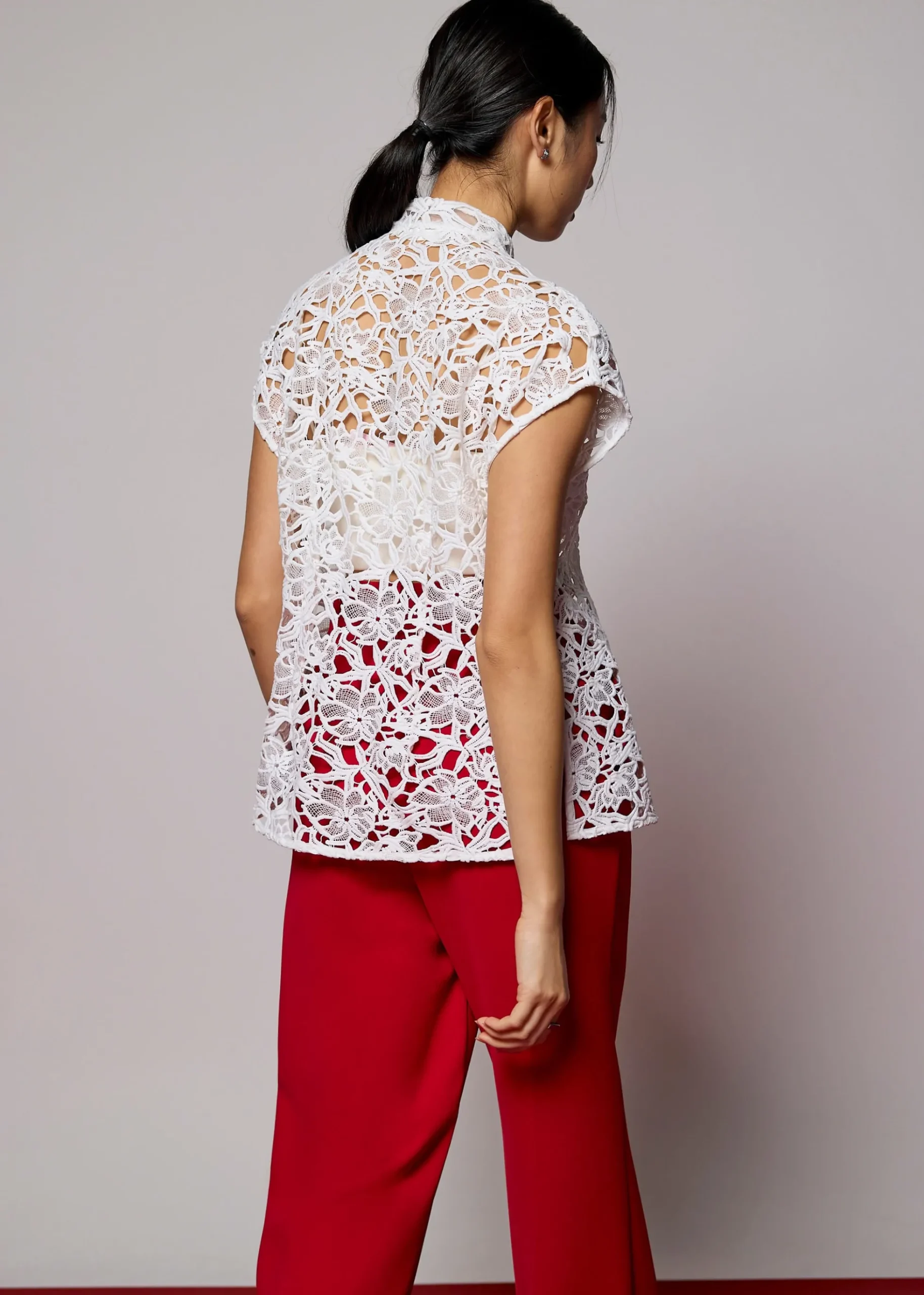 Relaxed Lace Mandarin Collar Top